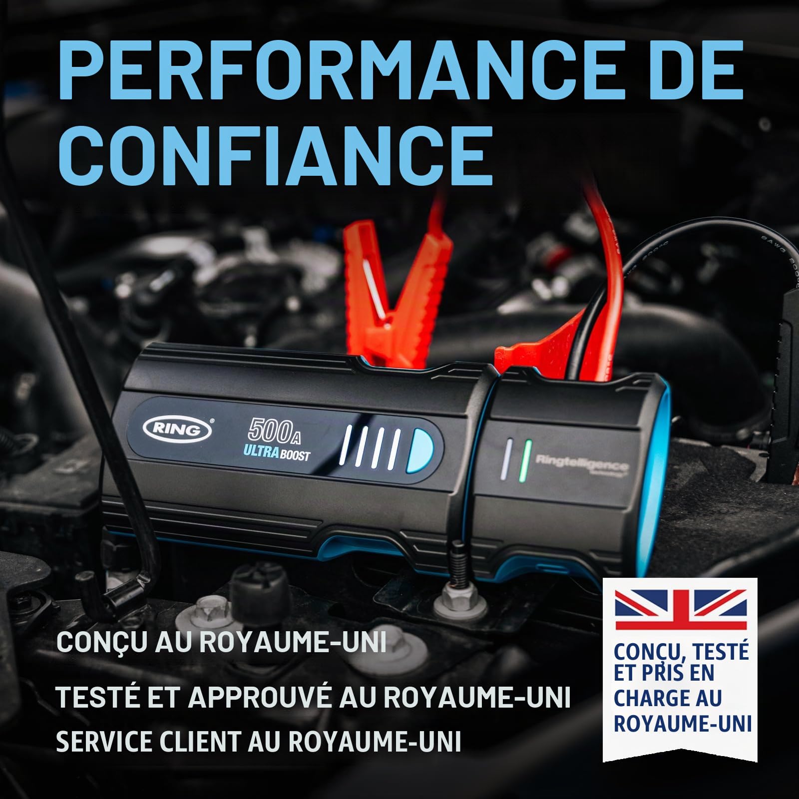 RING Ultraboost Démarreur de Batterie de Voiture 500 A – Démarre en Toute sécurité jusqu'à 3 litres d'essence et Moteurs Diesel de 1,5 Litre – Booster de Batterie avec câbles de démarrage, Batterie