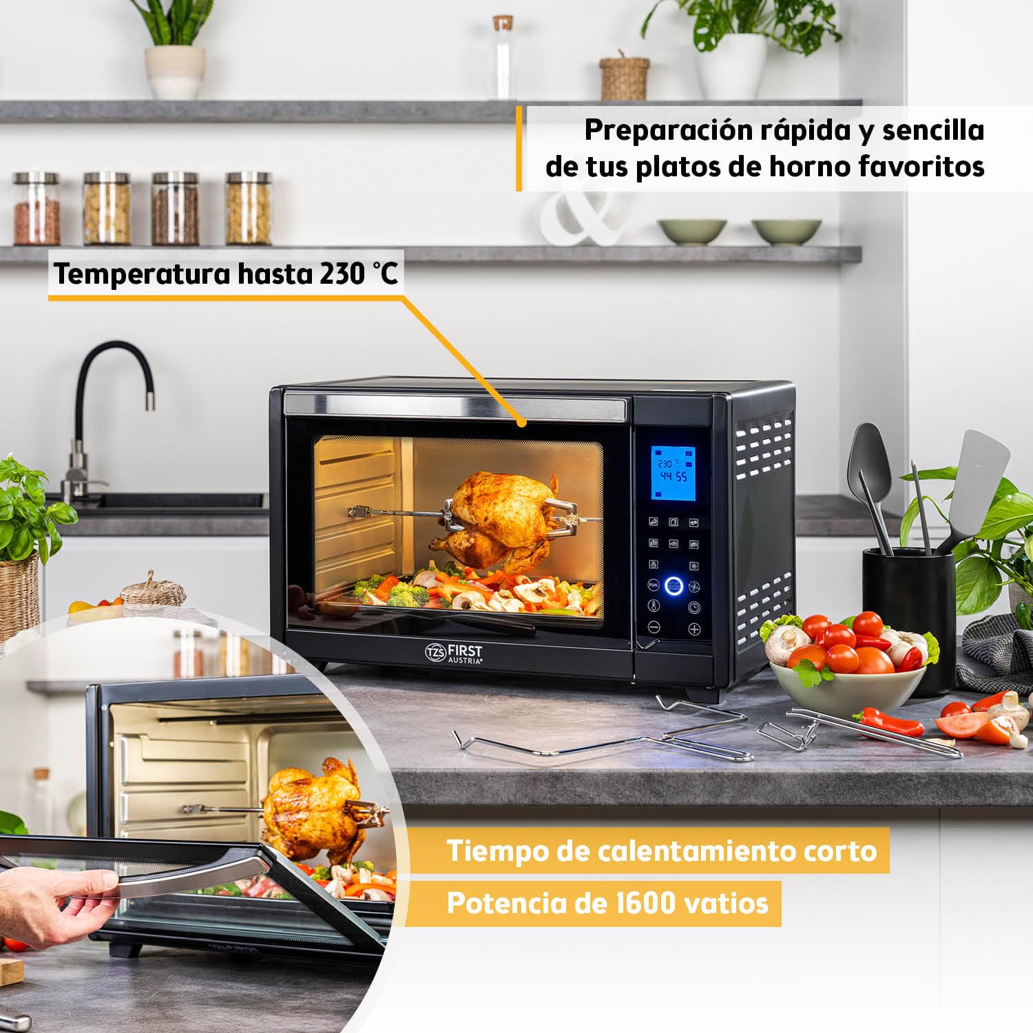 TZS First Austria Mini Horno digital 30L 1600W Minihorno con regulación temperatura hasta 230°C - Con temporizador de 60 min, 3 alturas de inserción, bandeja y parrilla Para cocinas pequeñas y camping