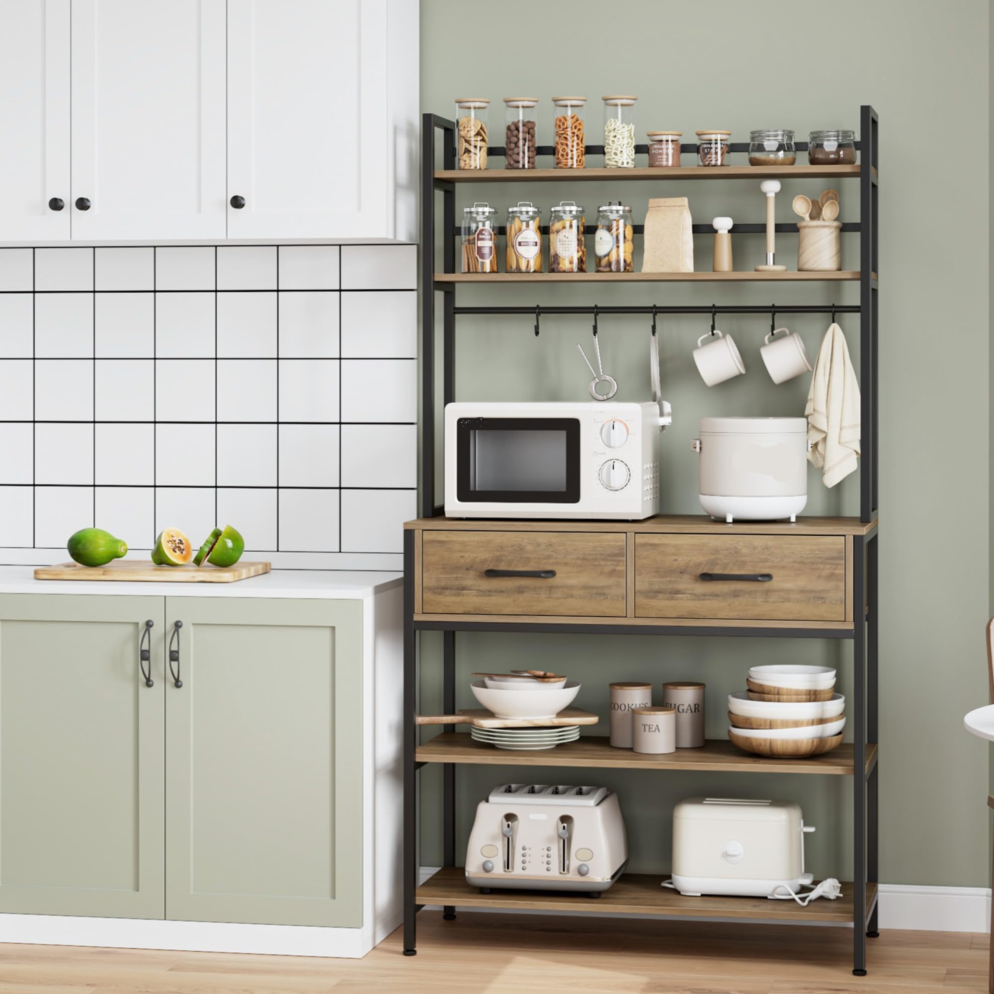 Scaffale per panetteria, da cucina, a 5 ripiani, in legno, con struttura in acciaio, 80 x 40 x 159 cm, colore: marrone vintage