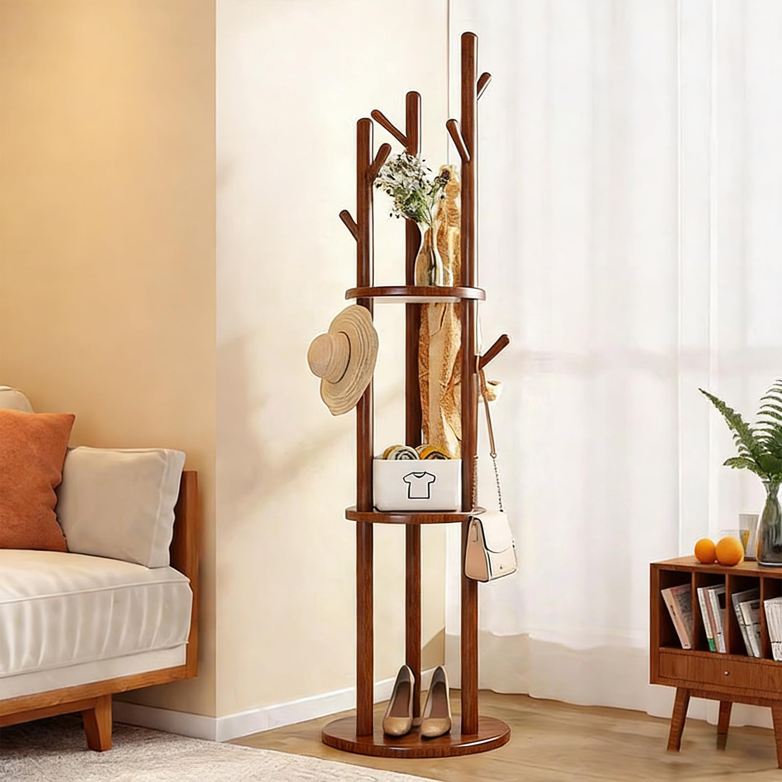 Js Space Solid Wood Rotary Coat Rack Freestanding Coat Tree With 9 Hooks & 3 Storage Shelves Clothes Holder For Bedroom Entryway And Living Room