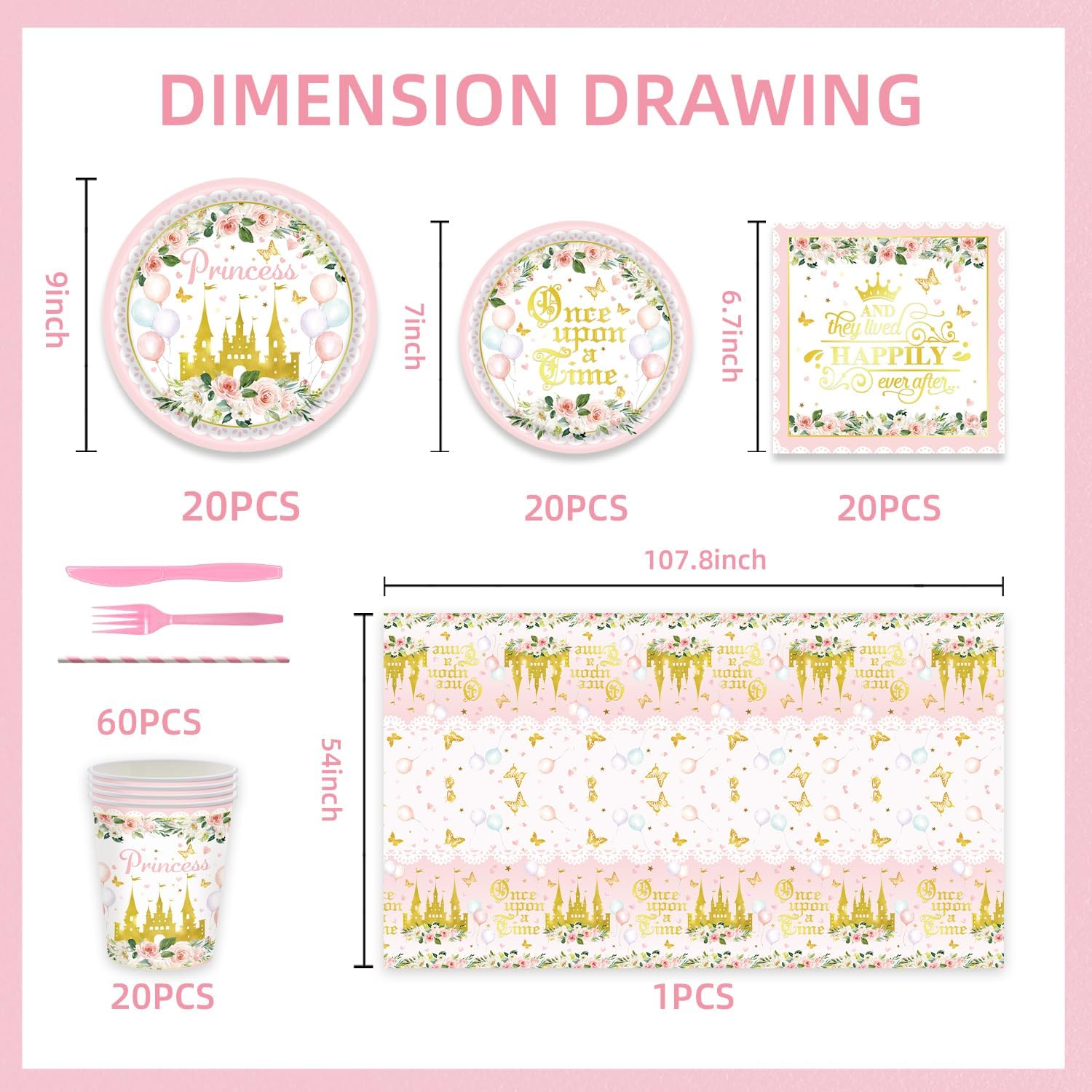 141Pcs Princess Birthday Party Decorations Castle Themed Tableware - Princess Party Plates and Napkins Forks Cups Cutlery Tablecloth Rose Gold Floral for Girls Baby Shower Birthday Decorations - Image 2