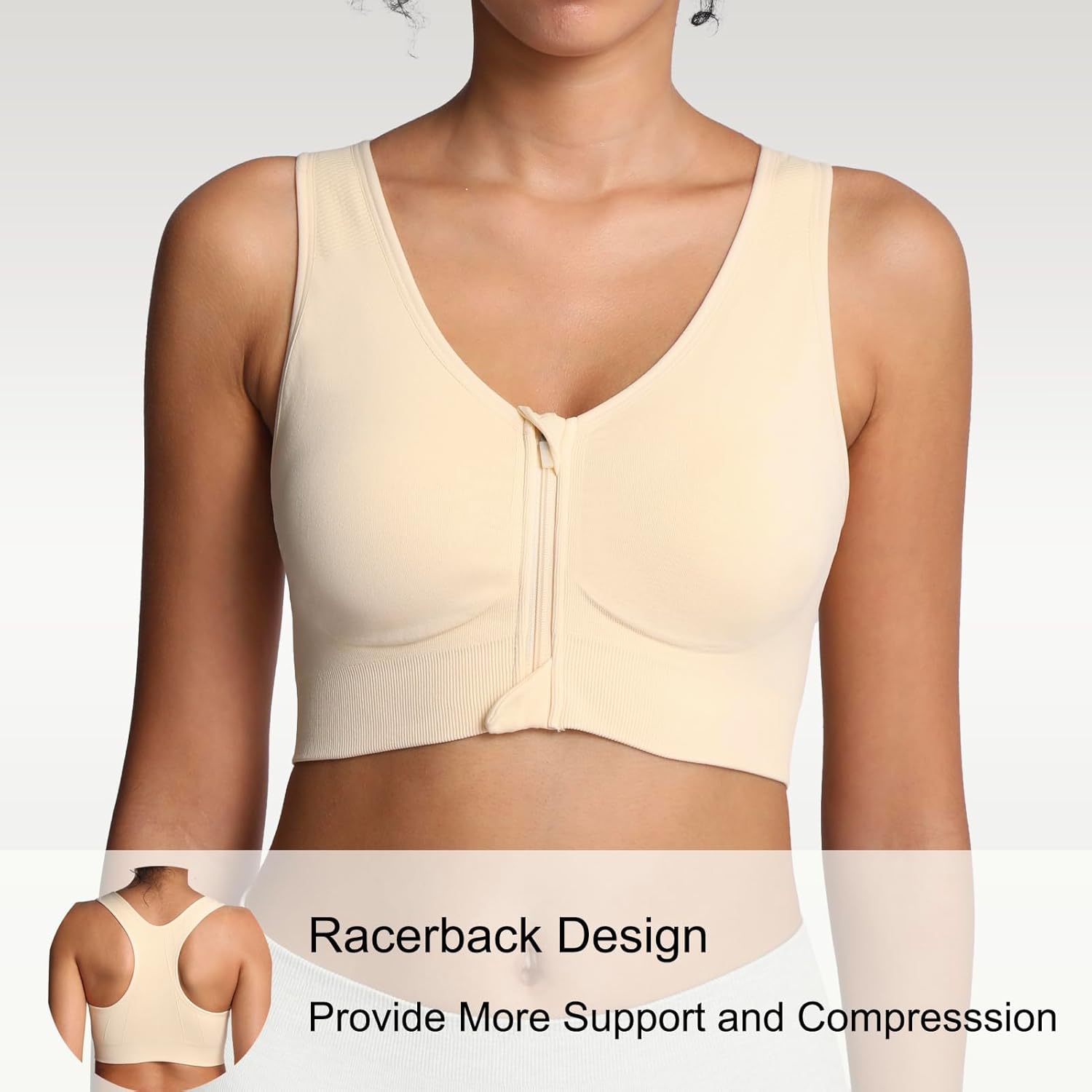 Lemef Front Zipper Sports Bras for Women Wirefree Post Surgery Bra Front Closure Racerback Compression Mastectomy Bras - Image 2