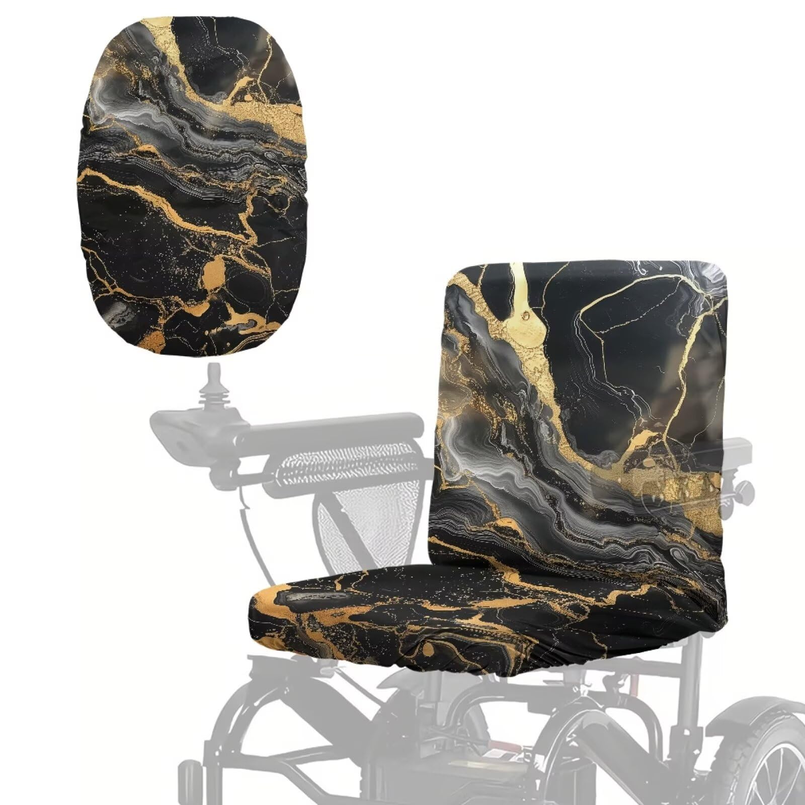 Poceacles Universal Mobility Scooter Seat Cover, Wheelchair Seat Protector Non Slip Power Chair Cover with Adjustable Straps, Washable for Seniors Elderly, 35"x18", Gold Black Marble — image 1