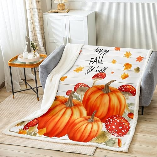 Manfei Manta de otoño con diseño de hongos y calabaza, hojas de arce para sofá, manta de cama de tablones de madera gris para decoración de