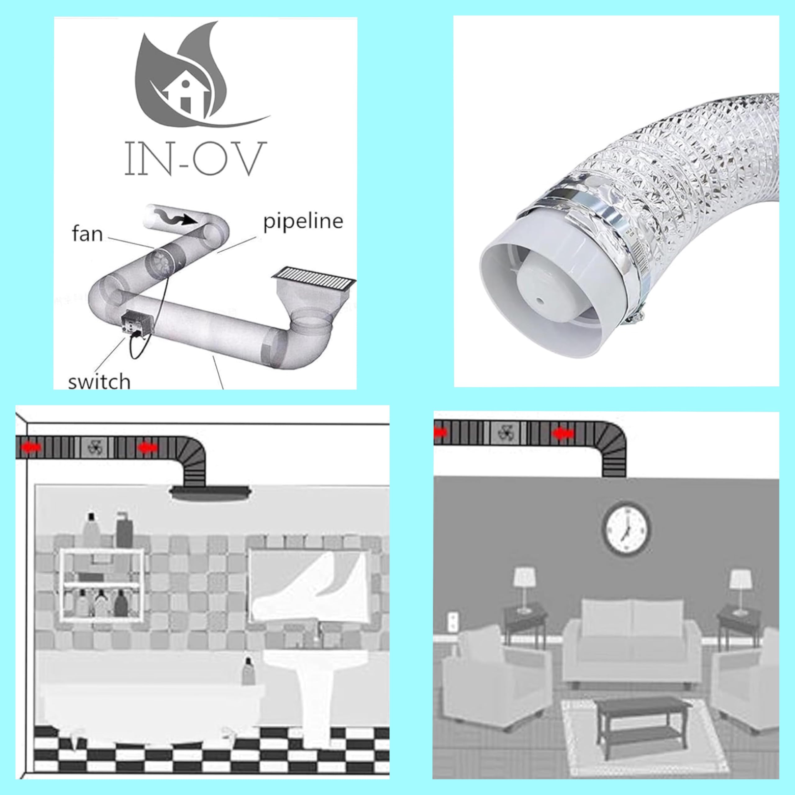 IN-OV - Ventilateur Extracteur d'air, économique 100mm, 12W/130m³, extracteur axial conduit en ligne : salle de bain, cuisine, cave.. Garantie 2ans.