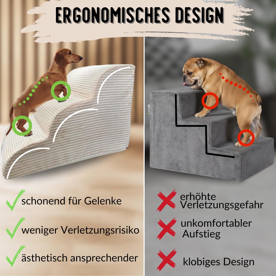 Hundetreppe Cord beige Hunderampe aus Schaumstoff - Katzentreppe - Tiertreppe - Haustiertreppe - Hundetreppe Bett - 3 Stufen Hunderampe