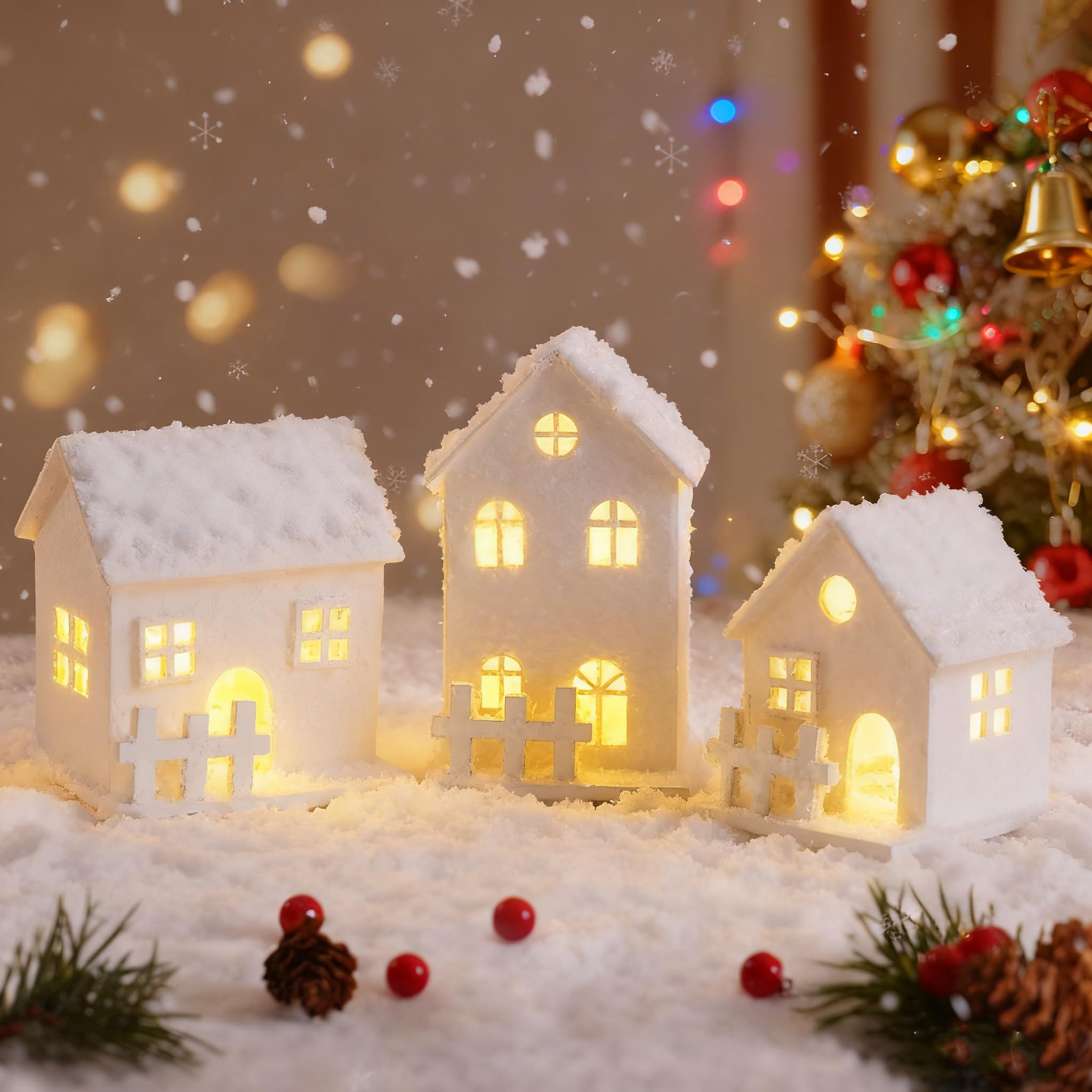 3 Pieces Bright Christmas Village, LED Miniature Christmas Houses, Christmas Village with Lights, Wooden Christmas Decoration, Christmas Village with White Winter Warm Light Animated Landscape