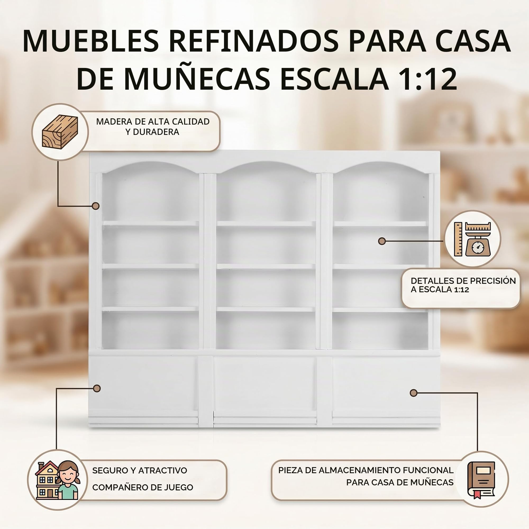 Vitrina de casa de muñecas, Muebles en Miniatura de simulación 1:12, estantería Triple de Madera, Modelo de Juguete para Sala de Estar, Accesorios de decoración de casa de muñecas (Blanco)