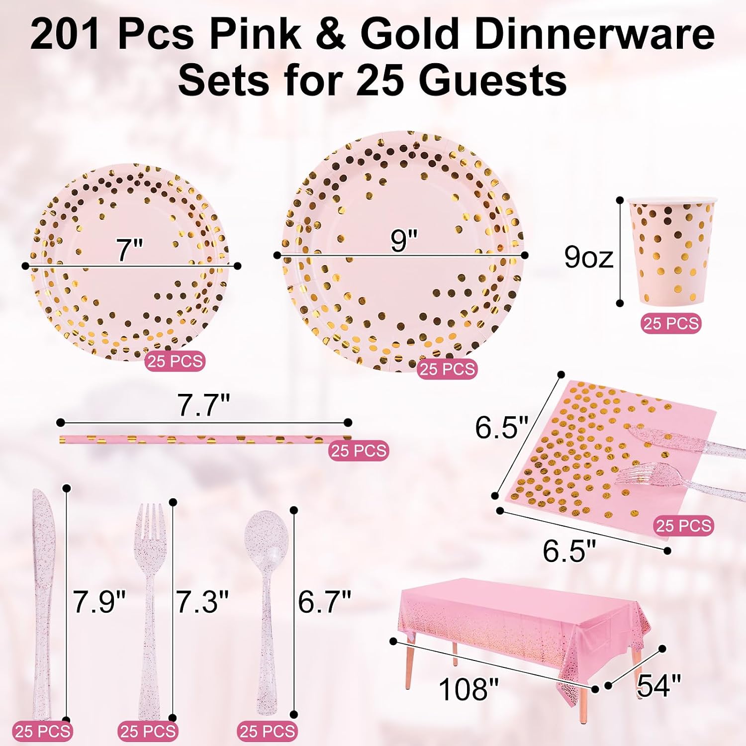 Party Supplies 201pcs Pink & Gold Plates and Napkins Sets - Disposable Dinnerware Sets for 25 Guests with Paper Plates Cups Straws Plastic Cutlery 1 Tablecloth - Bridal Shower Birthday Wedding