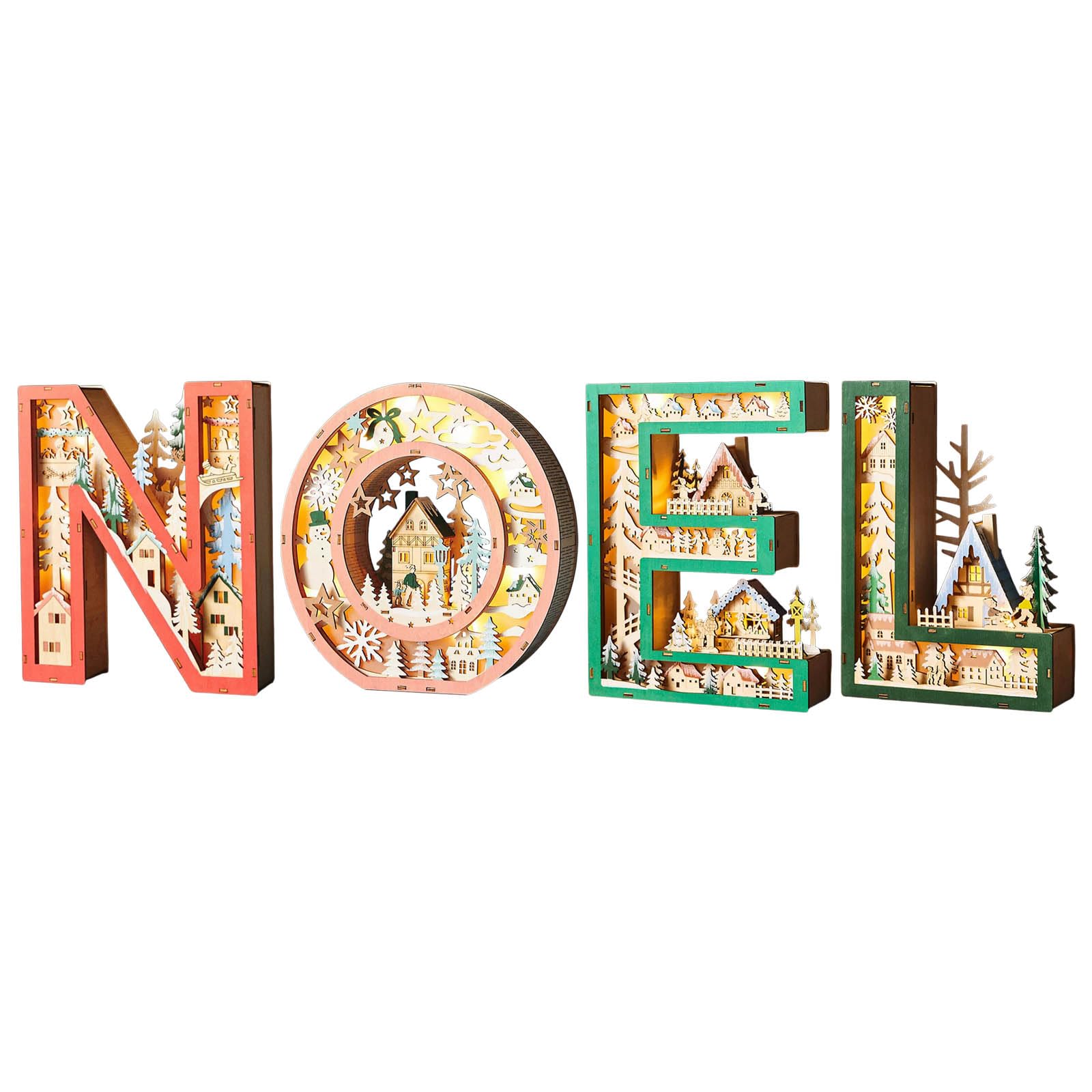 Msioytog Hollowed Wooden Letter LED Light Christmas Themed Table Lamp Holiday Decoration for Tabletop Mantels Bookshelf Display Christmas Tree Decoration