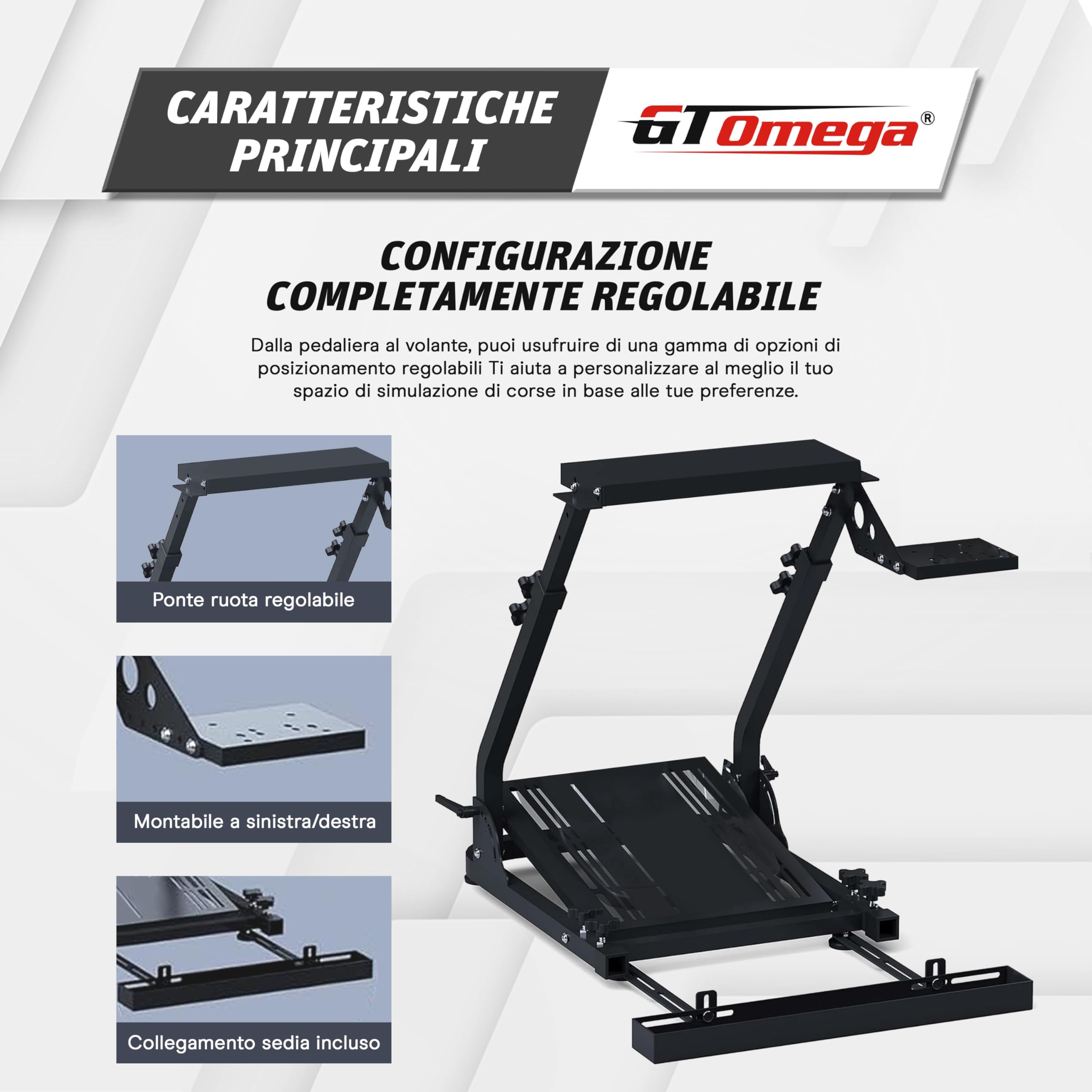 GT OMEGA Classic Supporto per volante - Simulazione pieghevole entry-level, pre-equipaggiata con supporto per cambio e collegamento per sedia, regolabile e pronta per l'aggiornamento