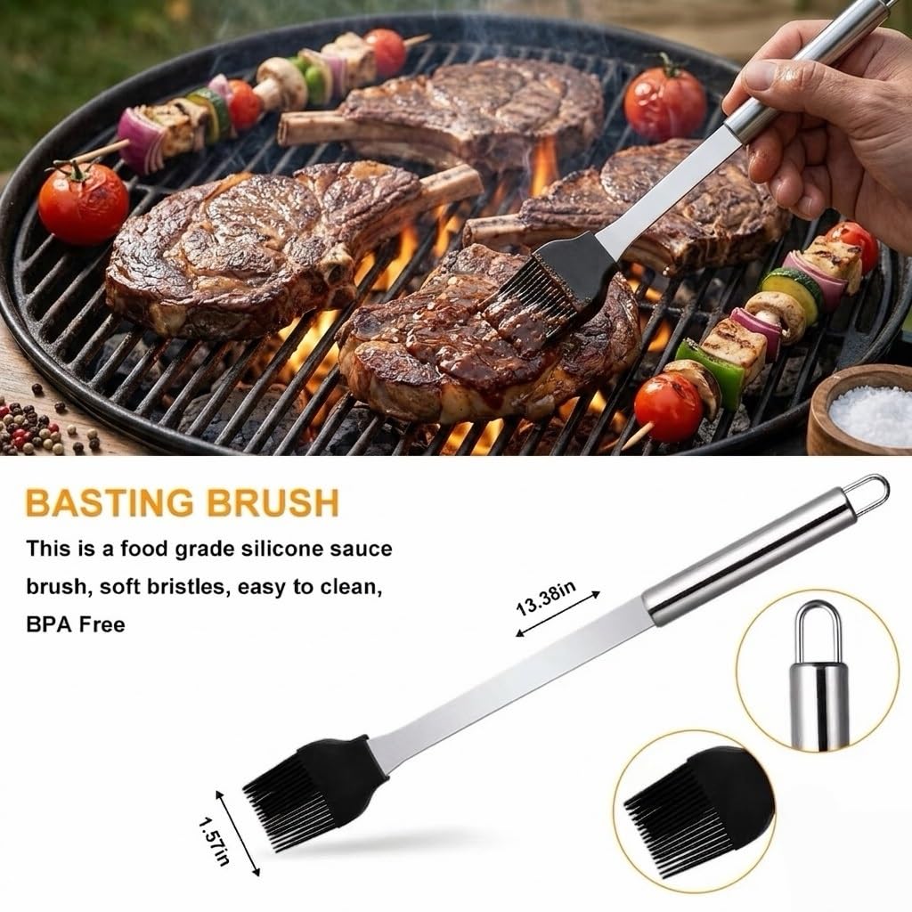 Set Accessori Barbecue 26 Pezzi, Kit Utensili Griglia in Acciaio Inox Robusto con Termometro, Seringa e Grembiule, Regalo Barbecue Perfetto per Uomo e Papà, Ideale per Grigliata all'aperto