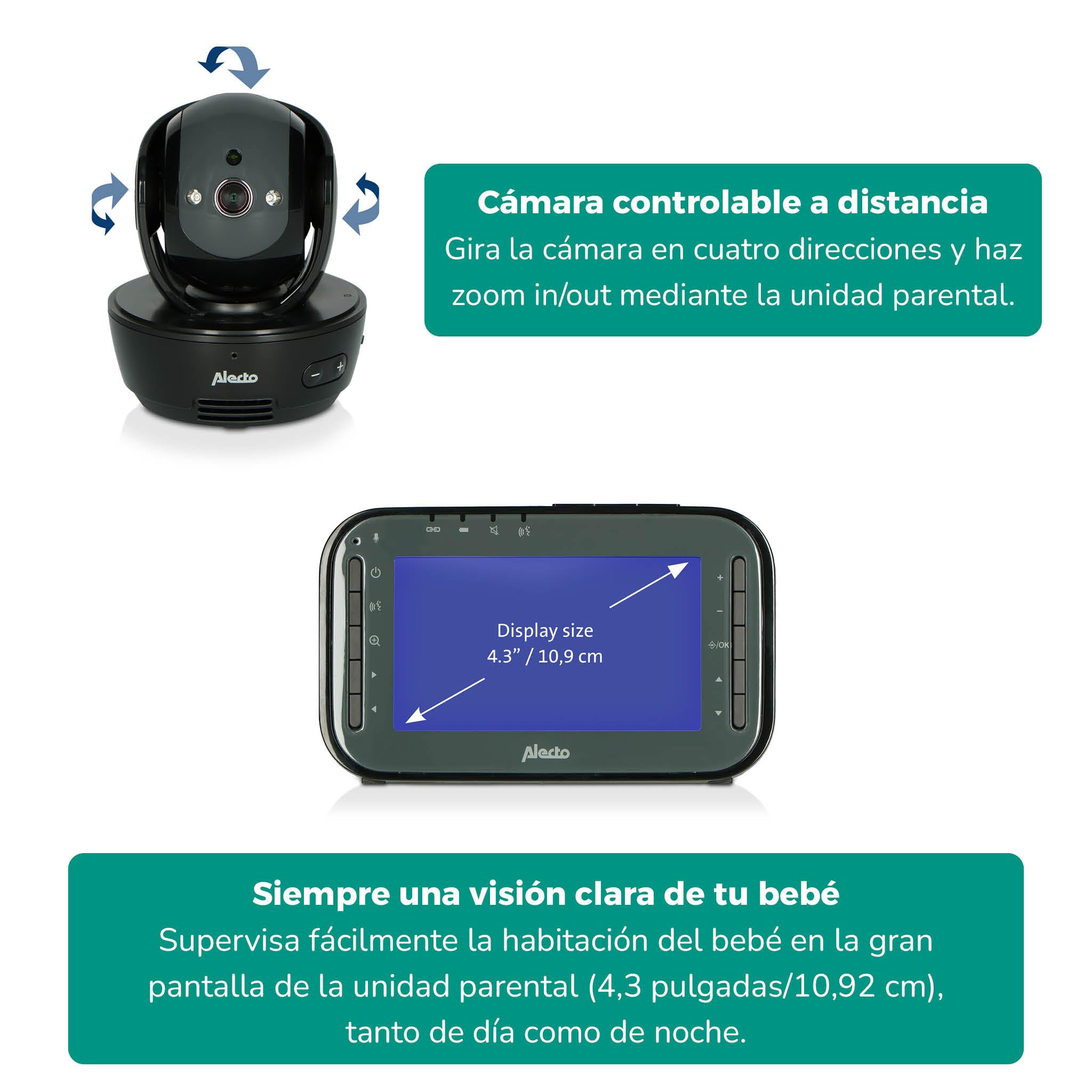 Alecto DVM200MBK Vigilabebés inalámbrico con cámara controlable - Vigilabebés 100% libre de interferencias - Monitor de bebé para interiores con visión nocturna y alto alcance de hasta 300 metros - 11