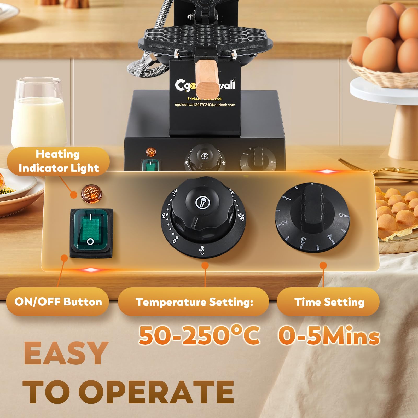 CGOLDENWALL Bubble Waffle Maker de Estilo de Hong Kong 1400W, Placa de Horneado Intercambiable y Antiadherente, Ajuste de Temperatura 0-250℃, para Cafetería/Postres/Restaurante - Incluye Recetas