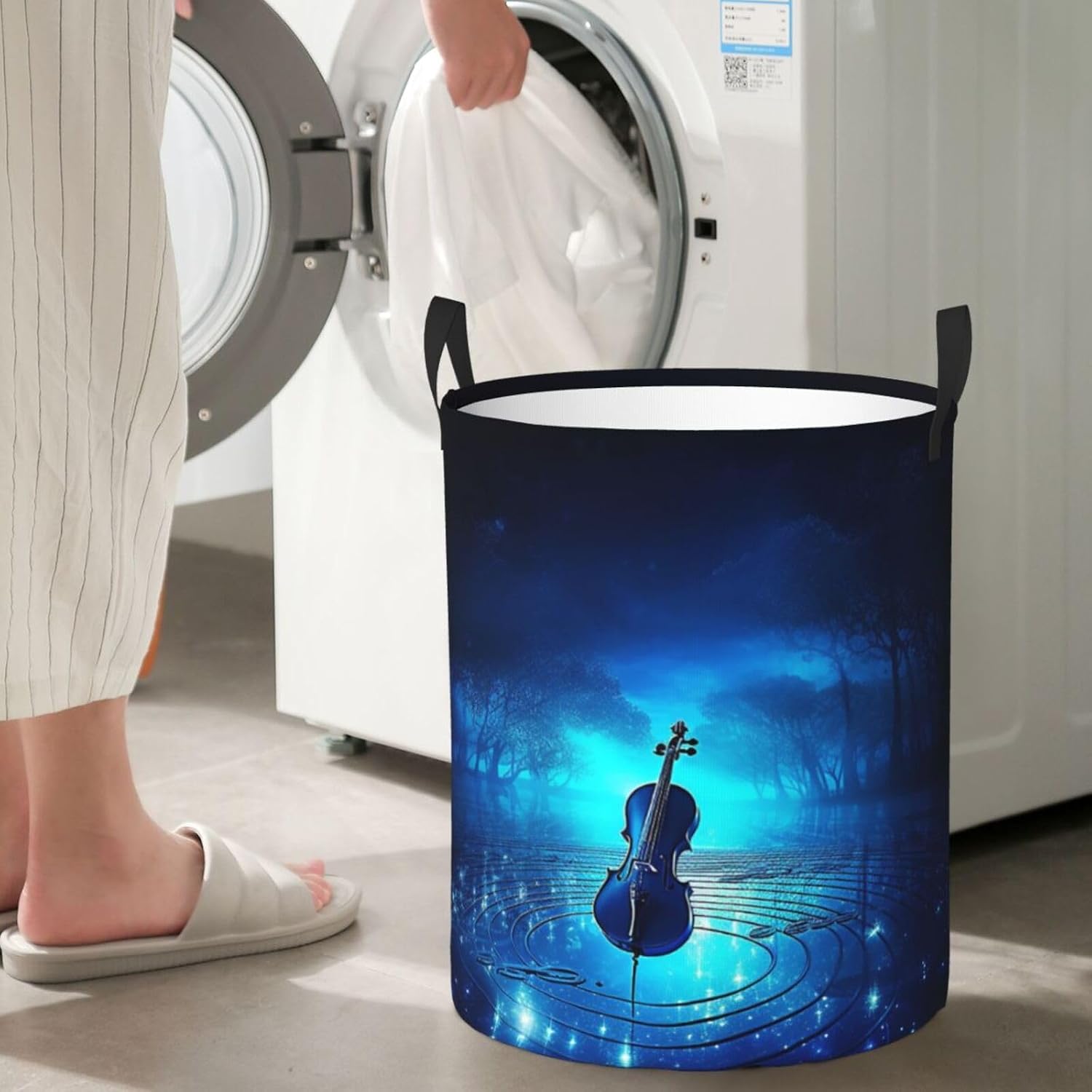 Laundry Basket Waterproof Laundry Hamper With Handles Dirty Clothes Organizer Blue Night Music Print Protable Foldable Storage Bin Bag For Living Room Bedroom Playroom image 5