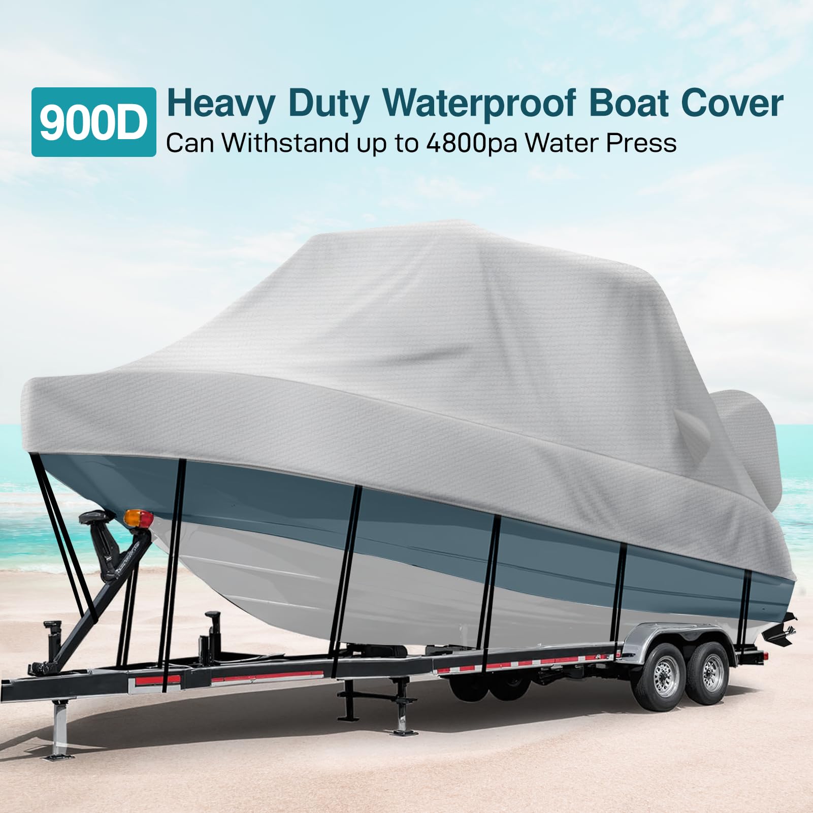 Mionovity 900D Heavy Duty T Top Boat Cover, 24-26ft Trailerable Waterproof Center Console Boat with T TOP Roof, T-Top/Hard Top Boat Cover with Motor Cover, Beam Width Up to 108