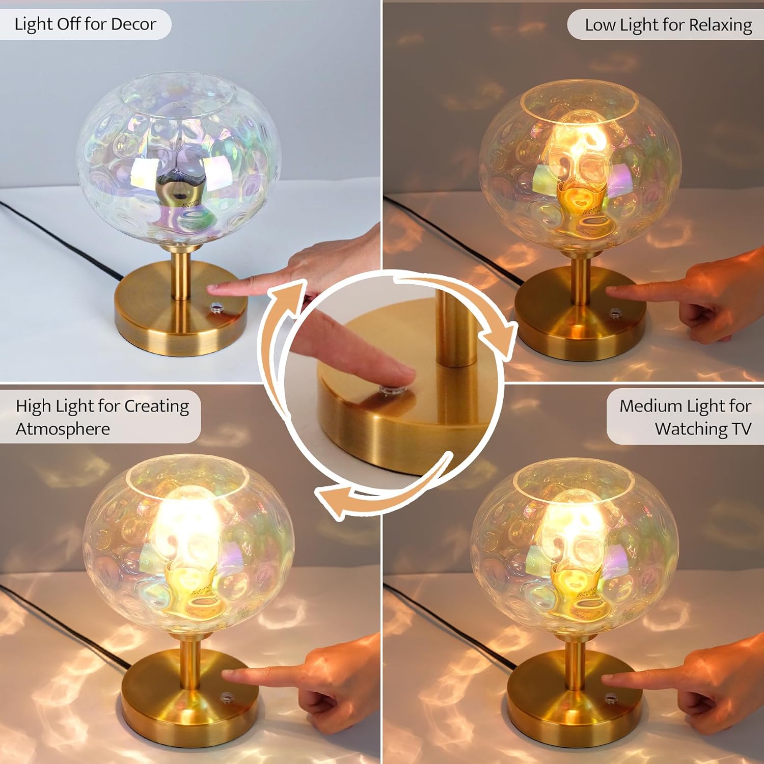 Touch Control Hammered Glass Table Lamp Brass Gold Portable Dimmable Brightness Small Nightstand Light 3-Way Stepless Dimming Bedside Bedroom Living Room (Stained Glass & Gold)