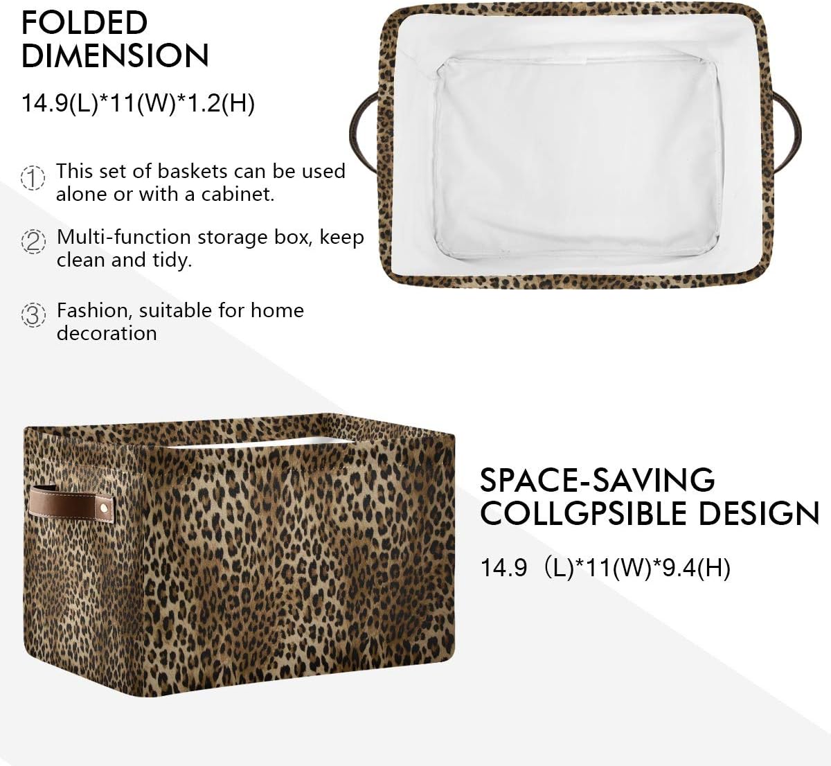 Storage Basket Cube Vintage Animal Cheetah Leopard Print Large Collapsible Toys Storage Box Bin Laundry Organizer for Closet Shelf Nursery Kids Bedroom,15x11x9.5 in,2 Pack