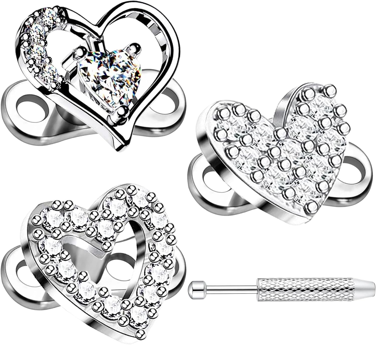 3 Pcs Dermal Anchor Tops and Base Heart Stainless Steel Microdermals Body Piercings Kit Studs Punk Personalized Jewelry with Grabber for Women and Men