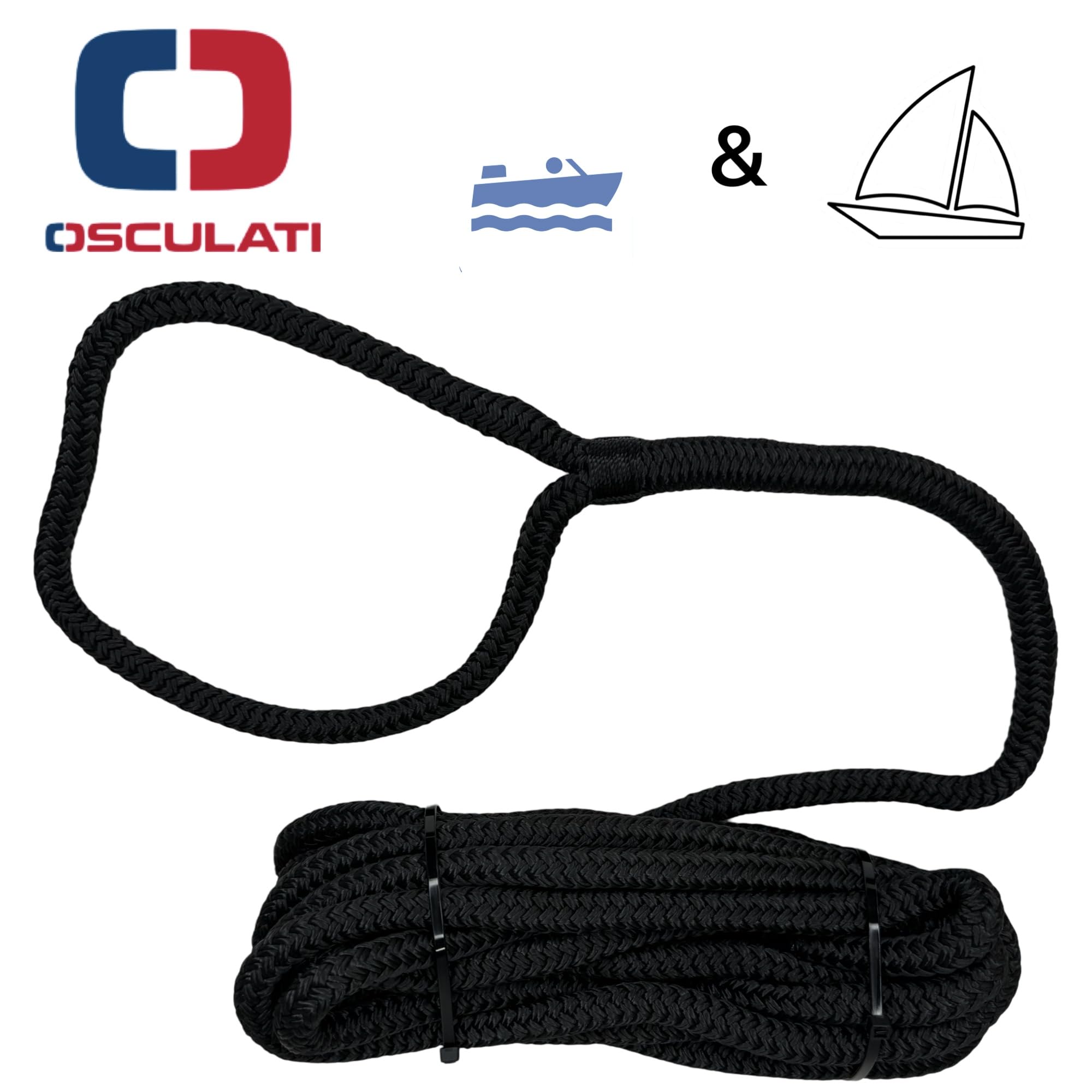 Boot Festmacherleine mit Auge, Osculati, 14 mm x 9 m, Schwarz | Mooring Leine und Tauwerk für Segelboot, Motorboot, Schiff und Marine