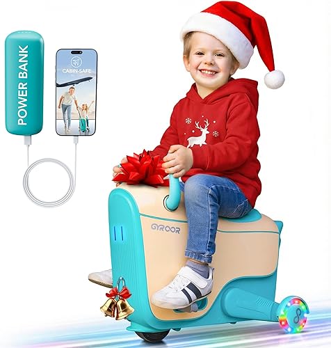 Gyroor Juguete eléctrico para niños de 4 a 8 años, maleta de viaje en avión 2 en 1 con almacenamiento, 3 modos de velocidad, ruedas LED