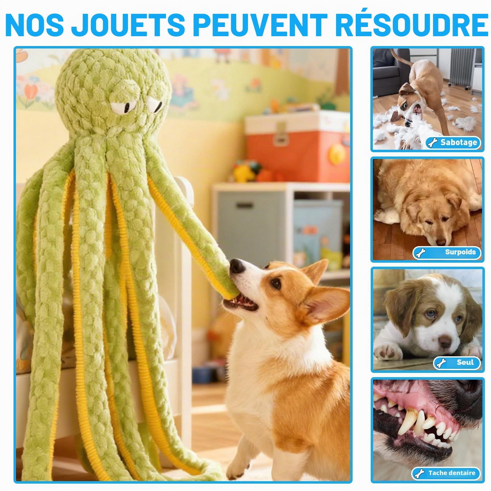 Jouet à mâcher interactif pour chien en forme de pieuvre géante de 1 m de long – Jouet couineur interactif à mâcher pour chiens de taille moyenne et grande (bleu)