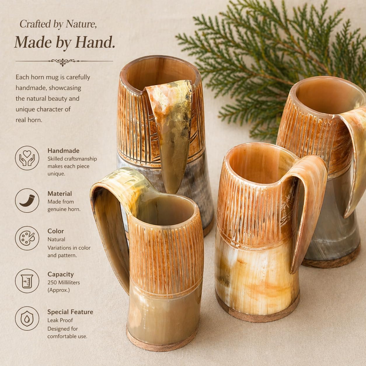 Viking Drinking Horn Mug Set of 4 Handmade – Medieval Ale Tankards with Display Holders, Norse Drinkware, Rustic Bar & Kitchen Decor