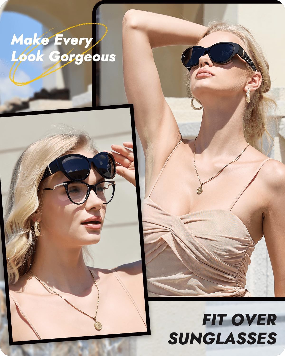 Meeloog Women Polarized Sunglasses Covers for Glasses, Wrap Around Cat Eye Sun Glasses Fit Go Over Shades for Driving MST6409