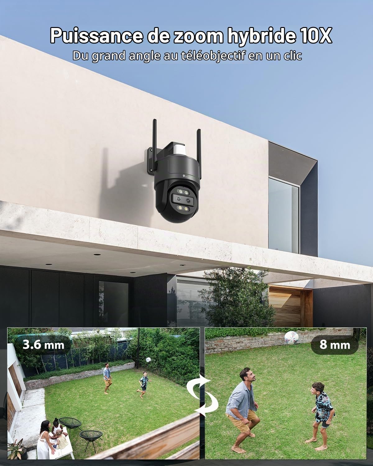 Ctronics 2.5K 4G LTE Caméra de Surveillance Extérieure à Double Objectif Zoom Hybride 10X, Suivi Auto, Vision Nocturne Couleur 30m, Rouge/Bleue, PC/App, NVR/FTP, Cloud/Carte TF 128Go, Murale & Plafond
