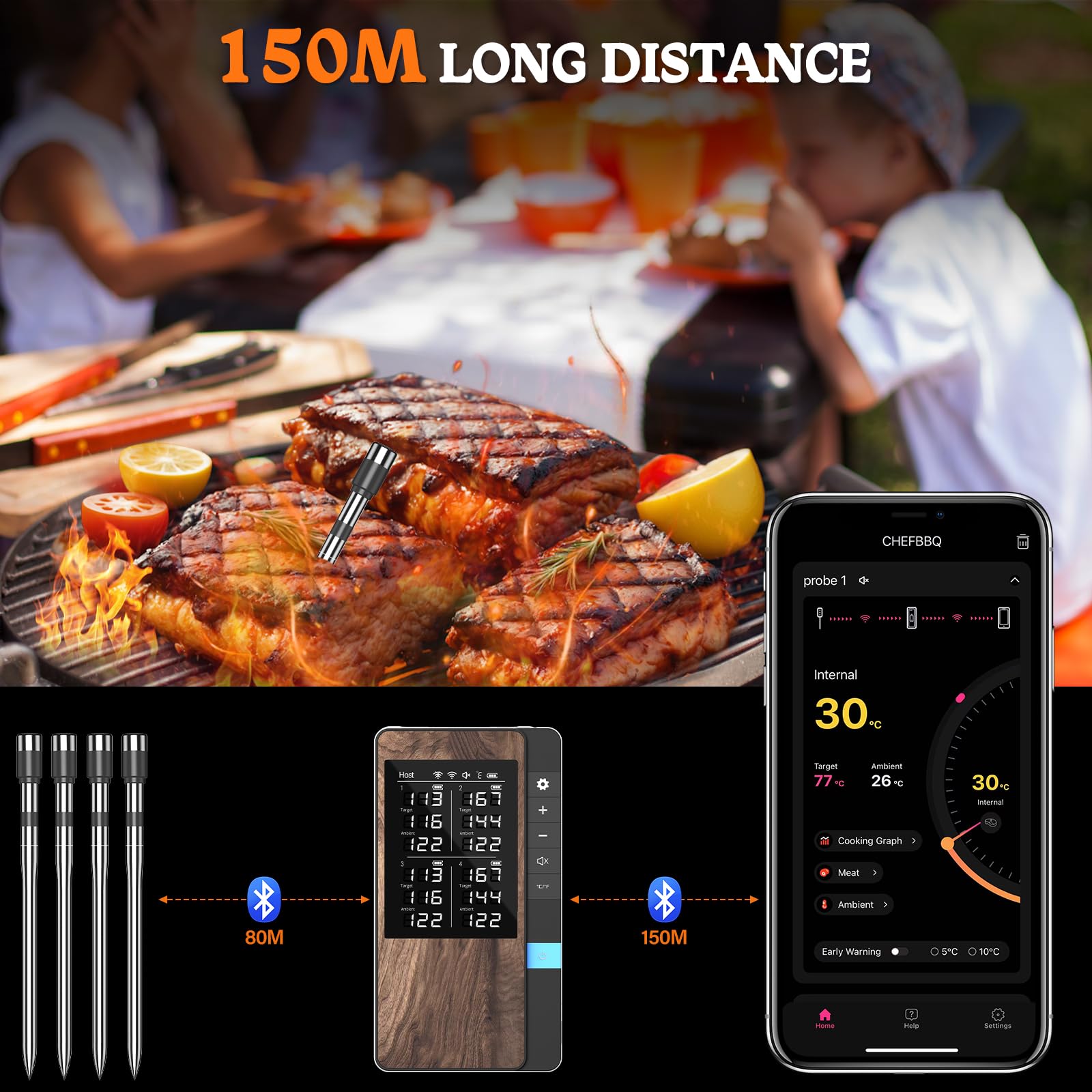 Termometro Cocina Paquete de 4, Pakinui Termometro Digital Cocina Inalámbrico con Aplicación, IP67 a Prueba de Agua Meat Thermometer, Termometro Carne para BBQ, Horno, Grill, Cocina, Asador