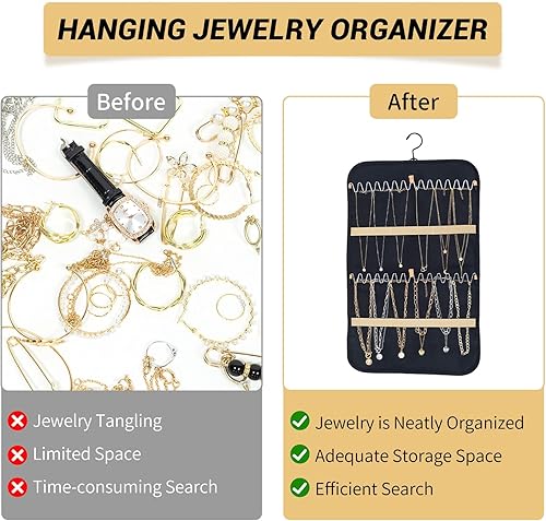 Miniatura 2 de PADUKU Organizador de joyas colgante rollo de almacenamiento con percha, soporte de joyería de doble cara, adecuado para anillos, aretes, collares,
