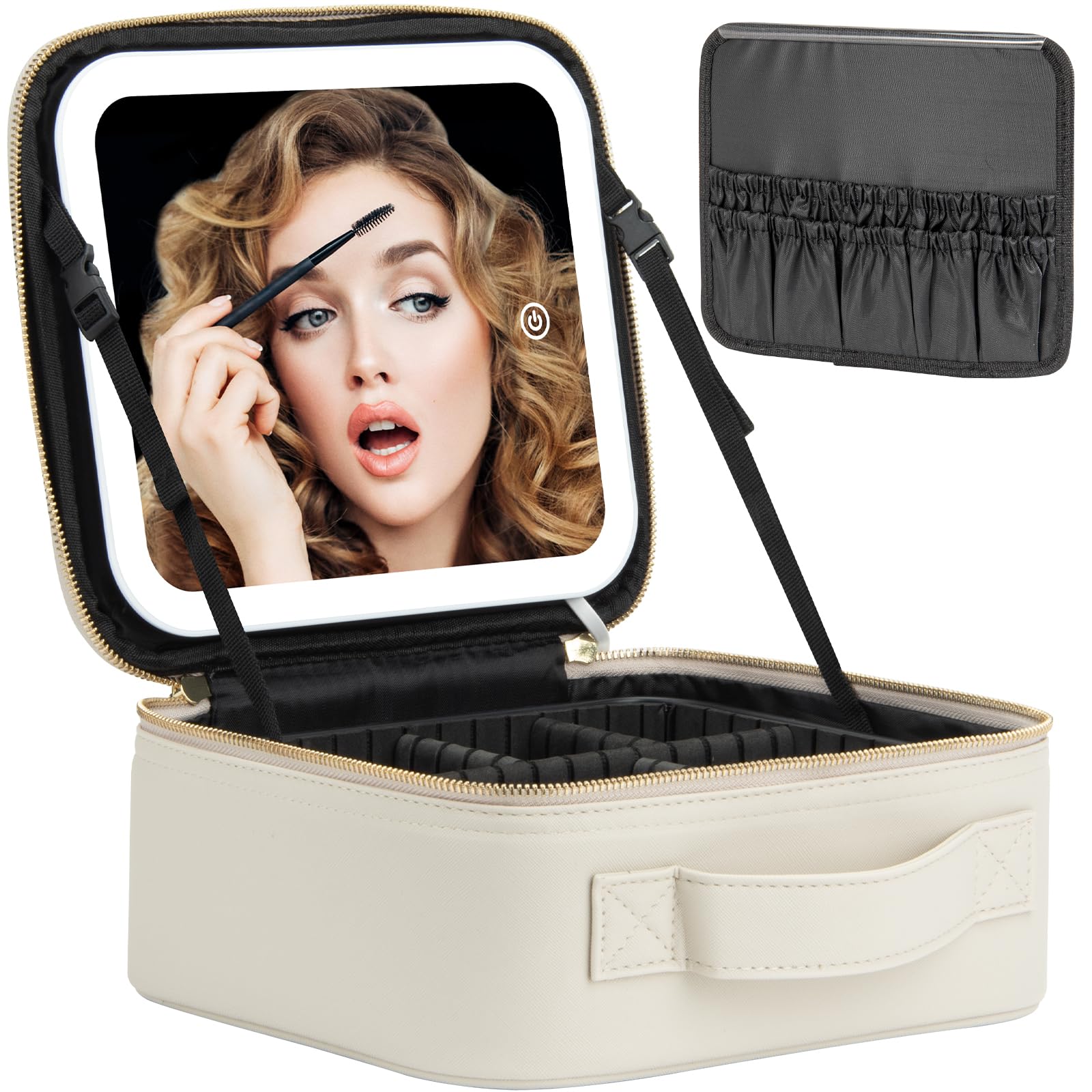 Extrei Gent Makeup Travel Train Case with Mirror LED Light 3 Adjustable Brightness Large Cosmetic Bag Portable Storage Adjustable Partition Waterproof