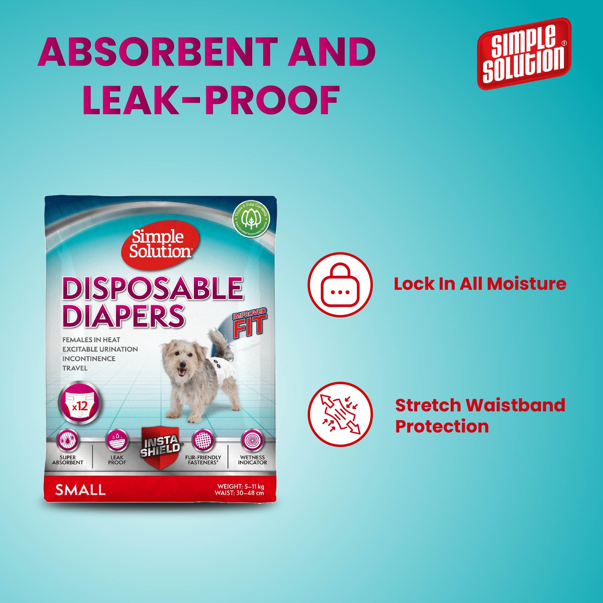 Simple Solution Nuovi ‘True Fit’ Pannolini Monuso per Cani Femmina con Idicatore di Bagnato Piccolo – 12 pezzi