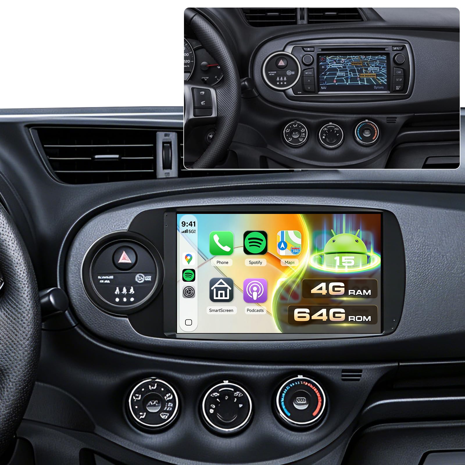 VECHTEL 4G+64G Autoradio Android 15 für Toyota Yaris 2012-2017 (Klimasteuerung mit Silberring), 9'' HD Touchscreen Auto Radio mit Drahtlos Carplay Android Auto GPS WiFi USB Bluetooth 5.0 FM RDS Kamera