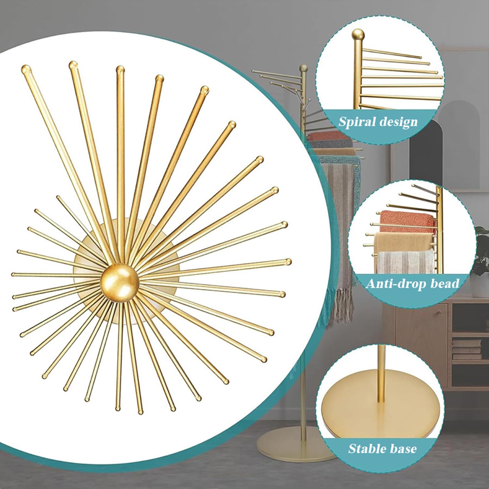 Kommerzieller Schalständer aus Metall, 170 cm x 42 cm (Color:gold) | Spiral-Schalhalter mit 30 Kleiderstangen – Platzsparender Organizer für Krawatten, Gürtel, für Boutiquen & Zuhause