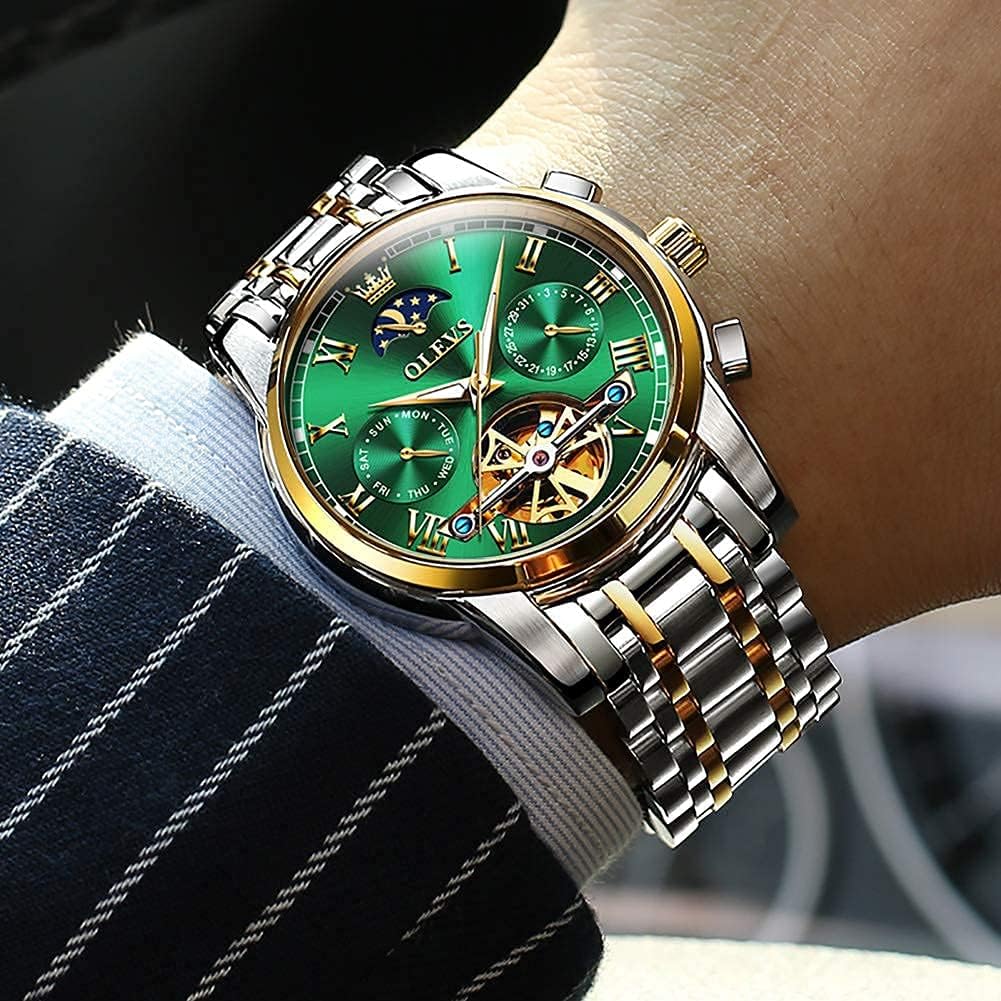 OLEVS Mens Automatic Watches Skeleton Tourbillon Mechanical Self Winding Luxury Dress Wrist Watch Moon Phase Day Date Waterproof Luminous Watch Gifts - Image 3