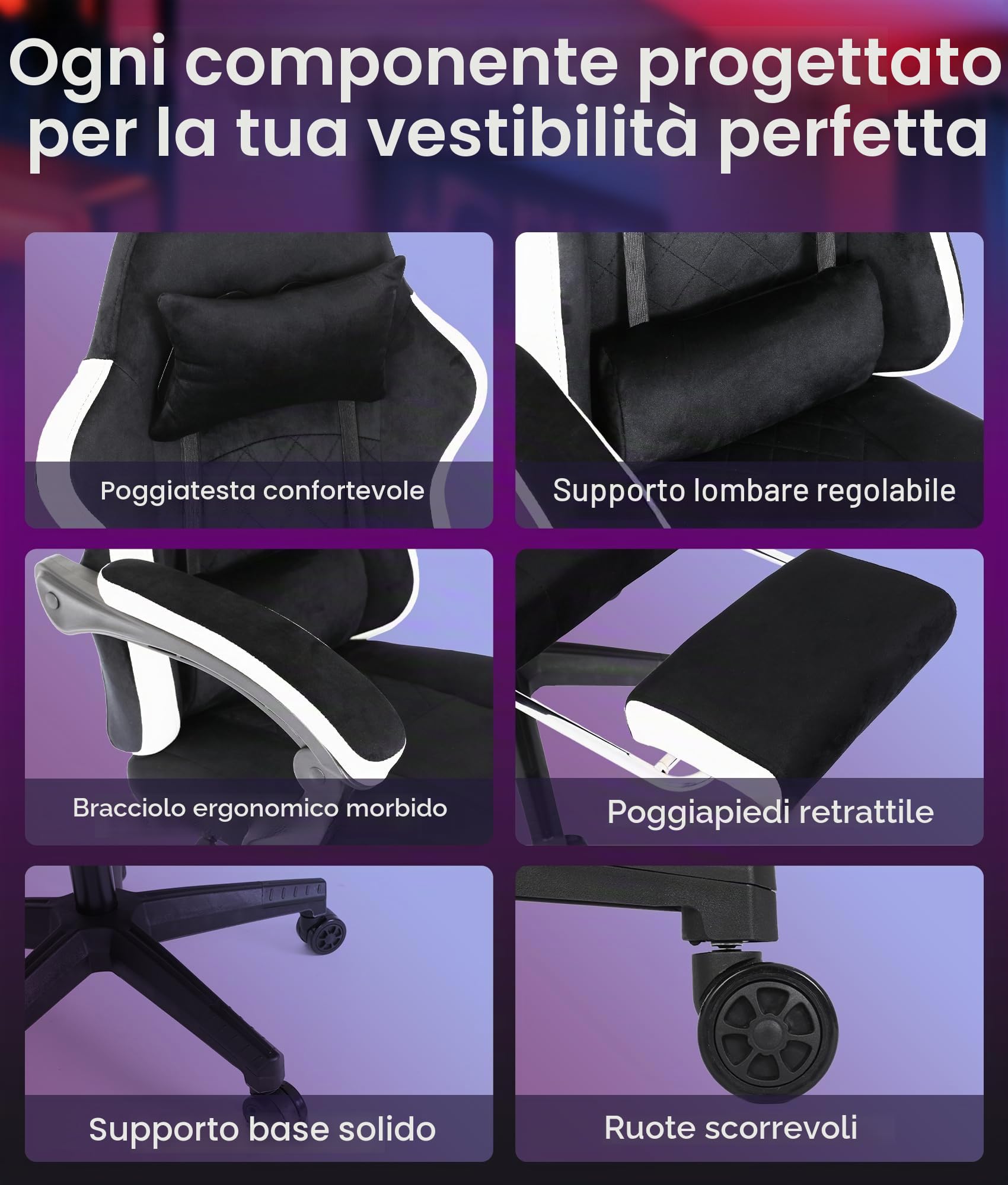 Sedia Gaming Ergonomica con Poggiapiedi, Schienale Reclinabile fino a 140°, Sedia Girevole da Ufficio con Supporto Lombare e Poggiatesta, Altezza Regolabile, Tessuto Flanella Grigio (Nero)