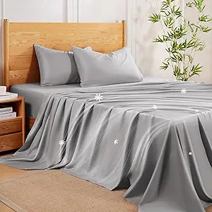 MR&HM Twin Sheets Set, 3-Piece Cooling Sheets, Rayon Derived from Bamboo & Polyester Blend, Soft & Silky, 15" Deep Pockets with Elastic Straps, Hotel Luxury for Hot Sleepers, Silver Grey