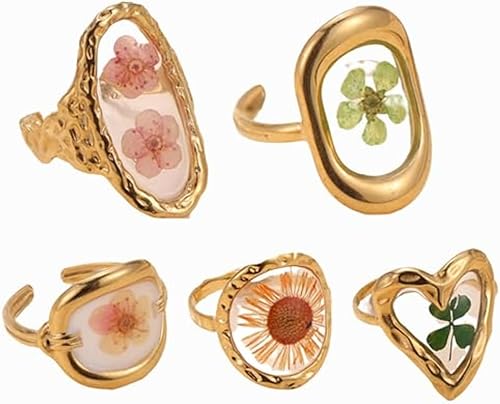 Juego de 5 anillos ajustables florales chapados en oro de 18 quilates, anillos de oro gruesos, joyería vintage, accesorios Y2K, no se deslustra