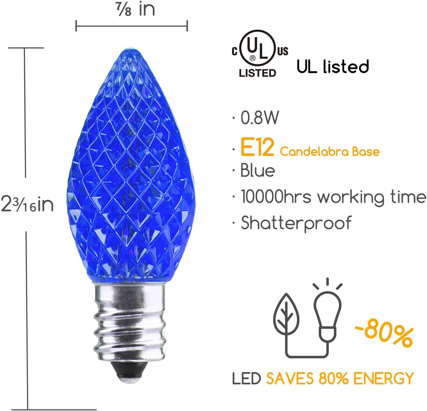 50 Pack C7 Blue Christmas LED Replacement Light Bulb, E12 C7 Shatterproof Replacement Bulbs for Christmas Outdoor String Lights, Commercial Grade Bulb for Christmas Patio Roofline Lighting Decor