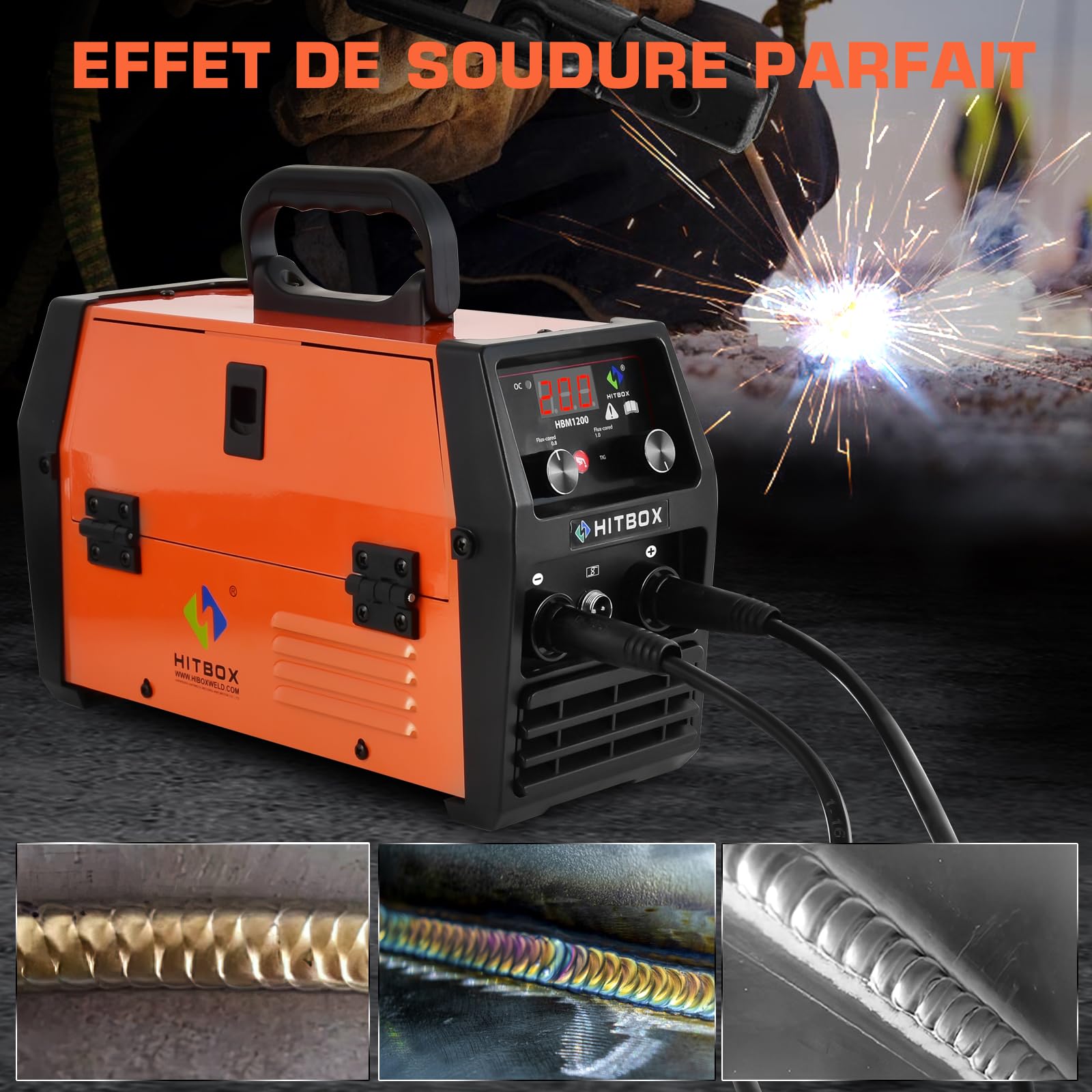 HITBOX Poste à Souder MIG Sans Gaz 200A, Soudeuse 3-en-1 Flux Core MIG/ARC/Lift TIG, Machine de Soudage Inverter IGBT 230V Portable avec Torche & Fil 0,8 mm, Idéal Débutants (HBM1200)