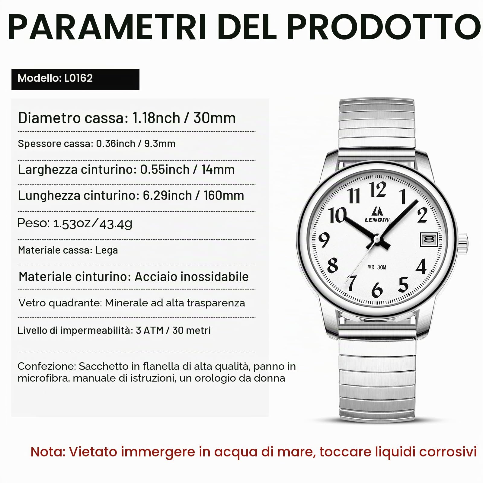 LN LENQIN Orologio da donna Orologi da donna in acciaio inossidabile Orologi impermeabili per donna Orologio da polso analogico al quarzo Cinturino espandibile