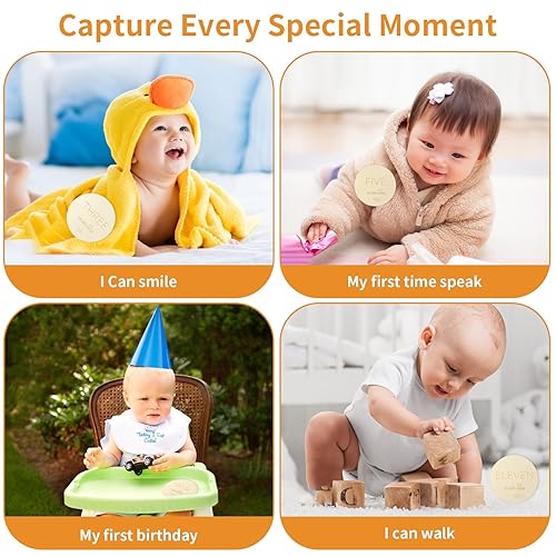 Miniatura 4 de Ouligay 7 unidades de discos de marcador de hitos mensuales para bebé, tarjetas mensuales reversibles para fotos, juegos de regalo para bebés recién
