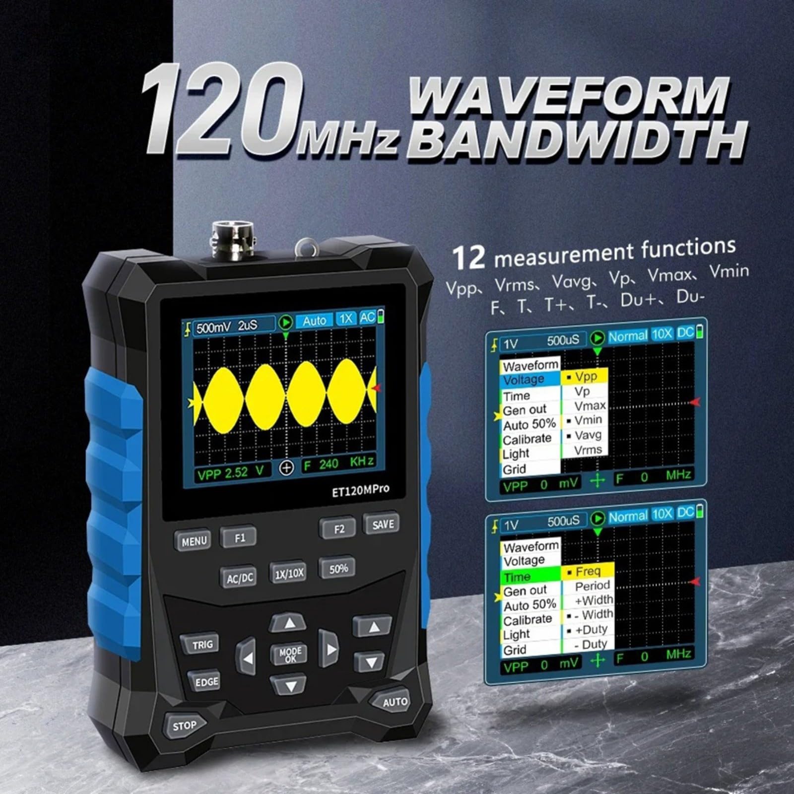 ET120MPro, oscilloscopio digitale 120 MHz 500 MS/s con sorgente di segnale 3 MHz, tester automobilistico 2 in 1 per diagnostica auto, istruzione e laboratorio, design portatile con batteria