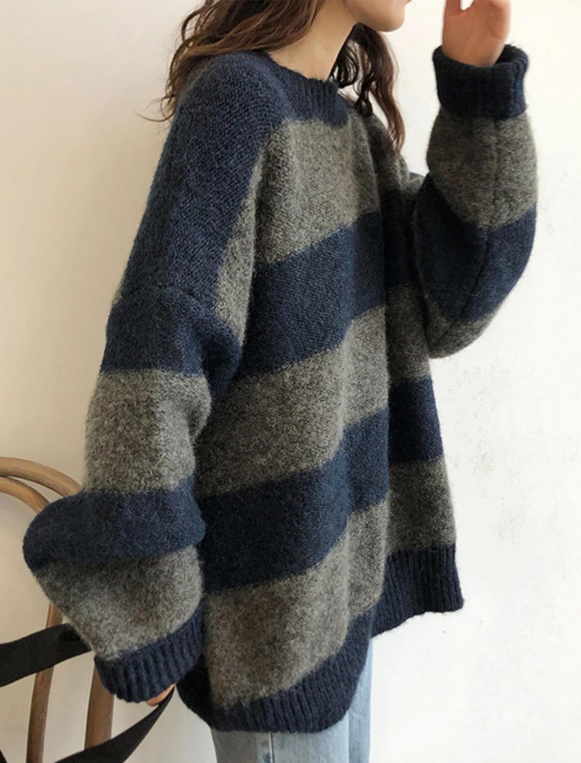 EMMIOL Women's Oversized Striped Sweaters 2026 Spring Trendy Long Sleeve Knit Outfits Crewneck Fashion Pullover Tops - Image 3