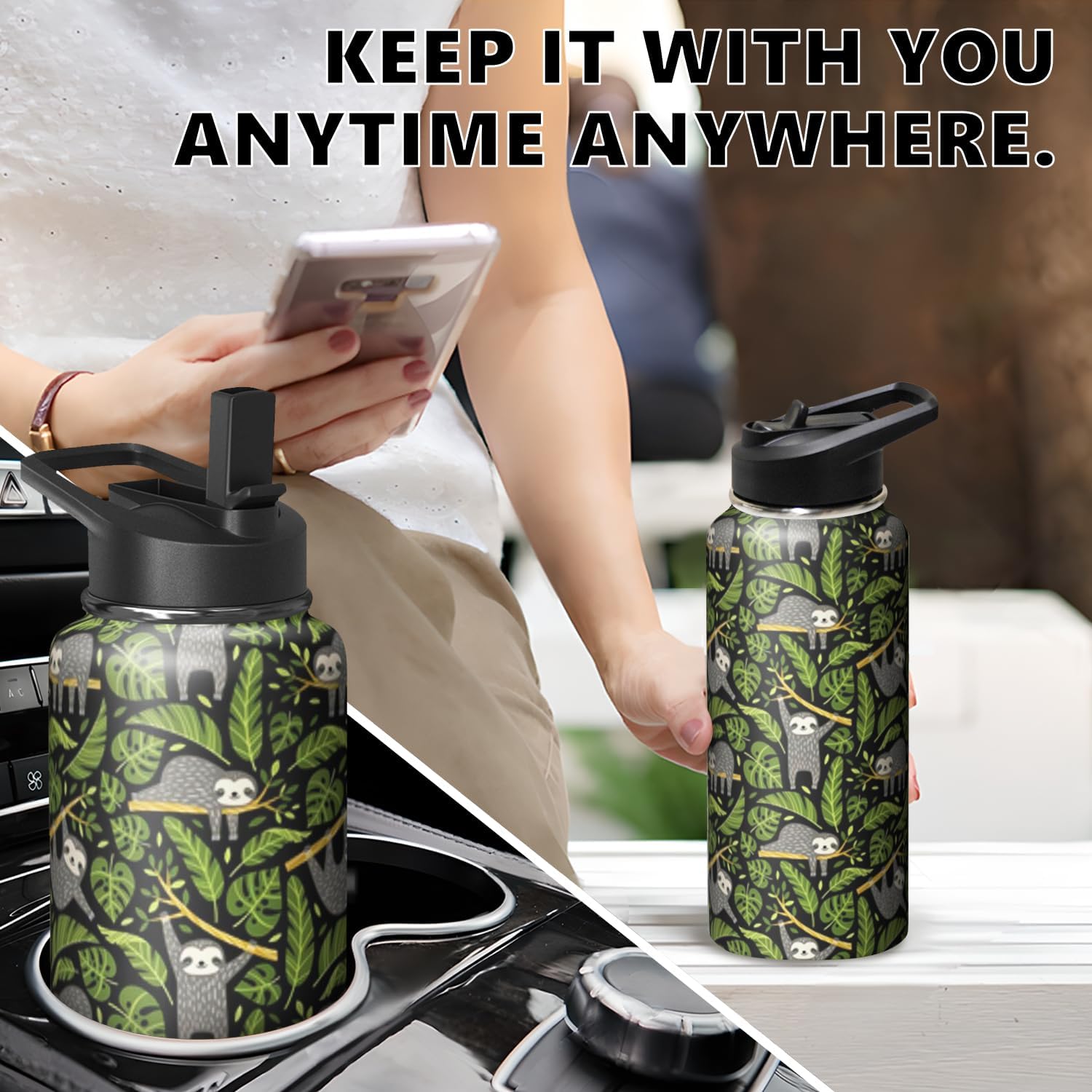 32oz Sloth Water Bottle with Handle and Flip Straw, Animal Sports Stainless Steel Insulated Cup Travel Coffee Mug Tumbler, Birthday Mothers Day Chritmas Gifts for Women - Image 6