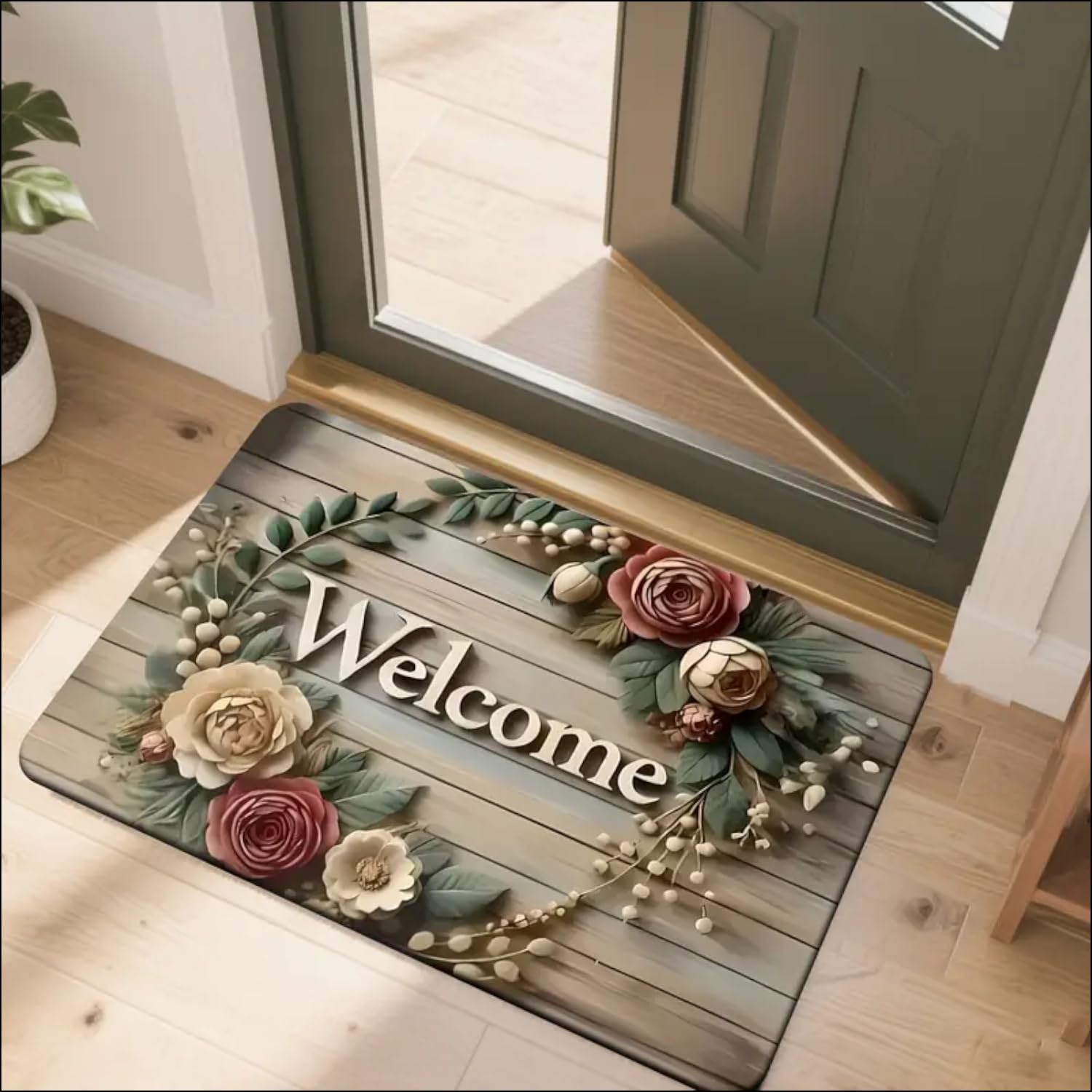 Welcome Floral Door Mat | 3D Floral Design Home Main Door Rug, Anti-Slip Entrance Mat | Waterproof Easy Clean Floor Mat - Indoor Outdoor Use for Front Door, Kitchen & Living Room-image-24