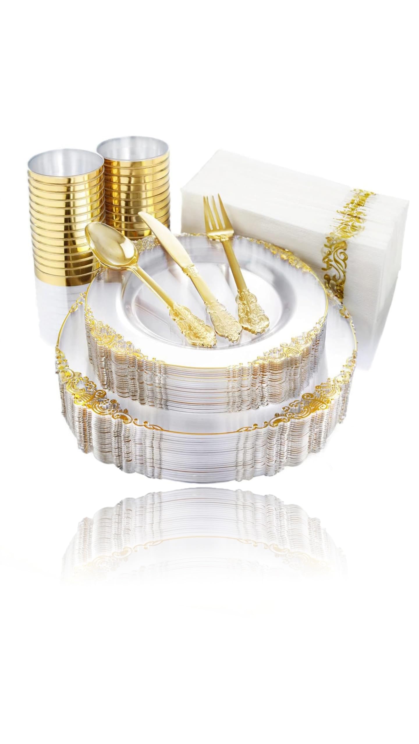 Sweet seven 175PCS Clear Gold Plastic Party Tableware Set - Disposable Plates, Cups, Cutlery, and Napkins for 25 Guests - Ideal for Weddings and parties