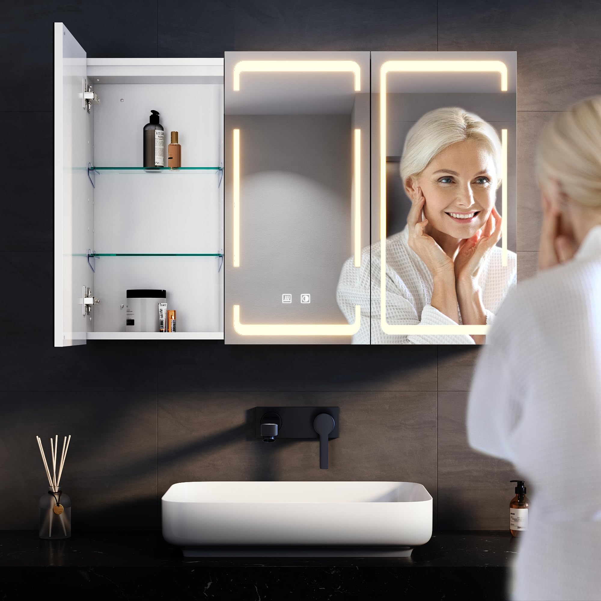 SONNI Szafka łazienkowa z lustrem LED, 90 x 60 cm, 3-drzwiowa, metalowa szafka z lustrem z przełącznikiem dotykowym, 3 kolory światła + defogging, bezprzewodowy zawias, biała, łazienka, szafka
