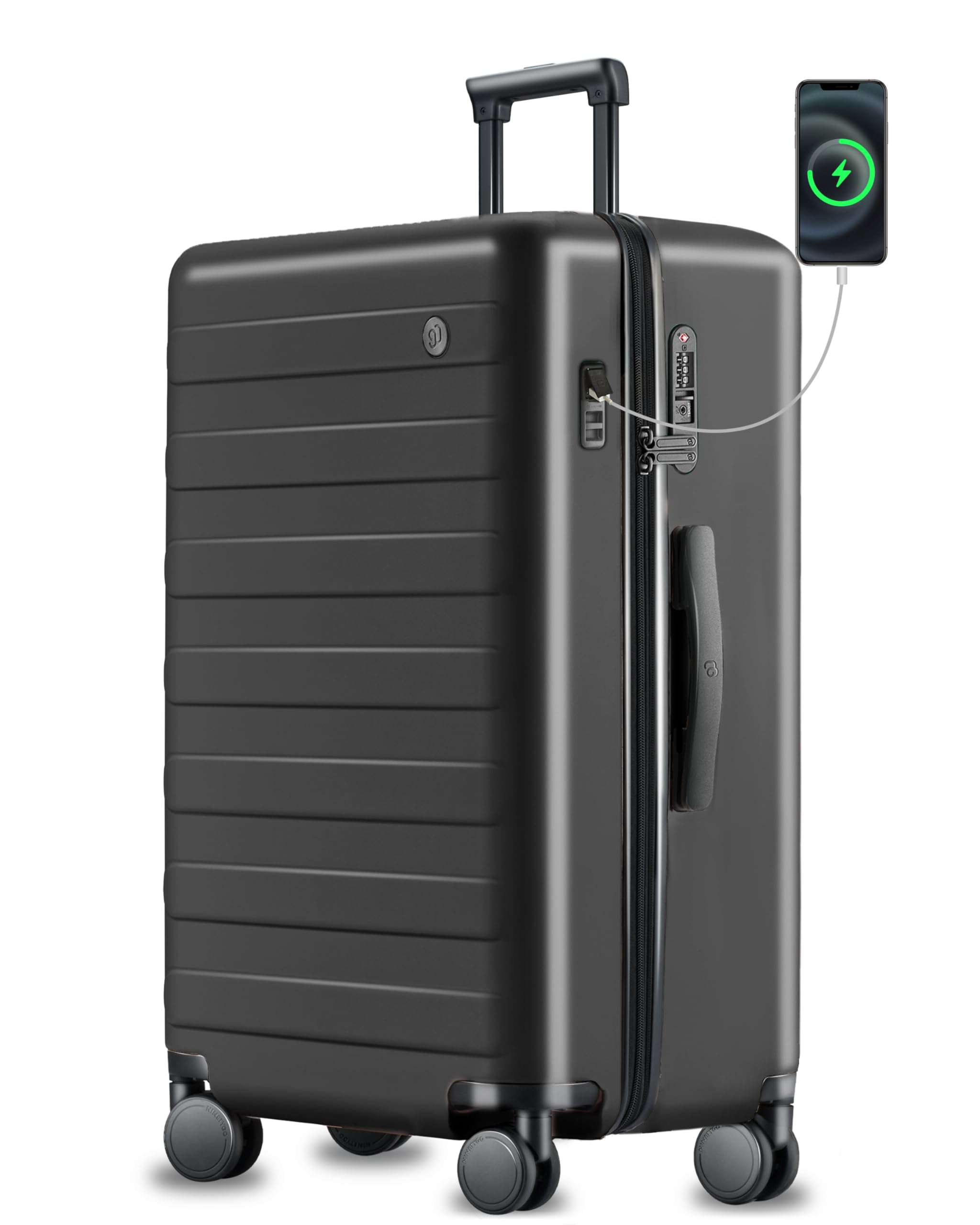 NINETYGO Large Checked Luggage 29 Inch, Checking In Luggage with USB Port, Spinner Wheels, Lightweight, Hard Shell PC Suitcase, Lightweight Travel Luggage, TSA Approved (Pirate Black, Rhine Pro)